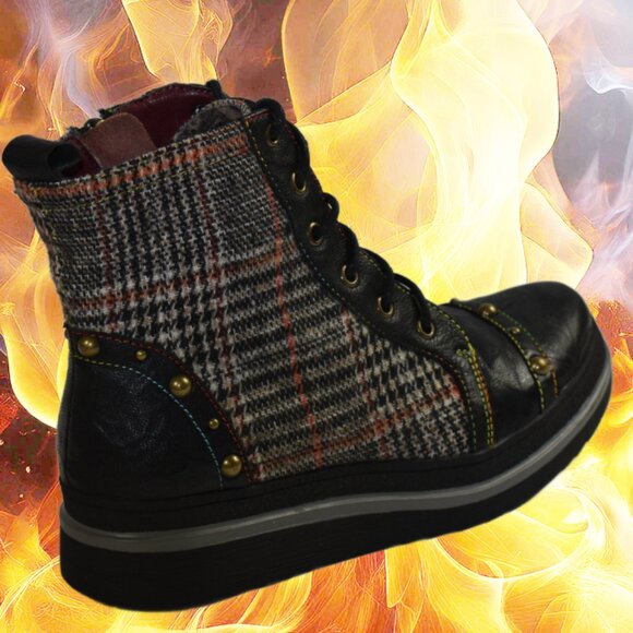 Spring Step L’Artiste Rehja Black Brown Plaid Combat Style Boots, Size 36 - Picture 3 of 8
